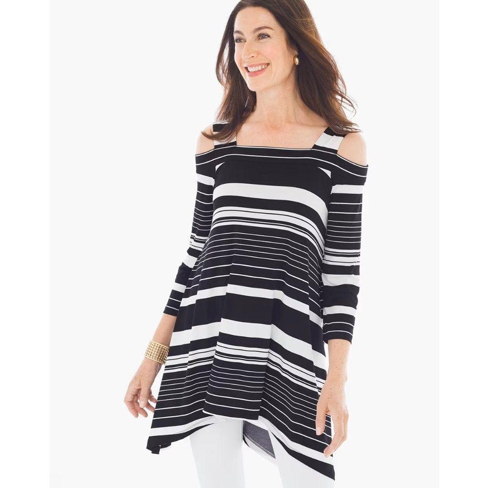 Chico's Tunic Size 2 (12) Striped Cold Shoulder